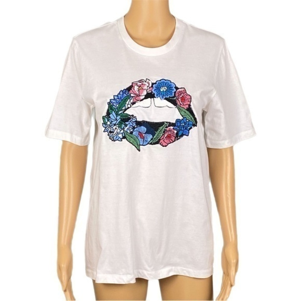 MARKUS LUPFER white t-shirt with lips appliqué embroidery and sequins Small EUC